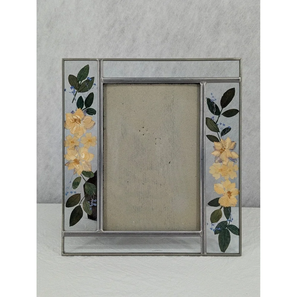 Pressed Flower Glass Picture Frame Silver Yellow Floral Cottagecore 7.75x7
